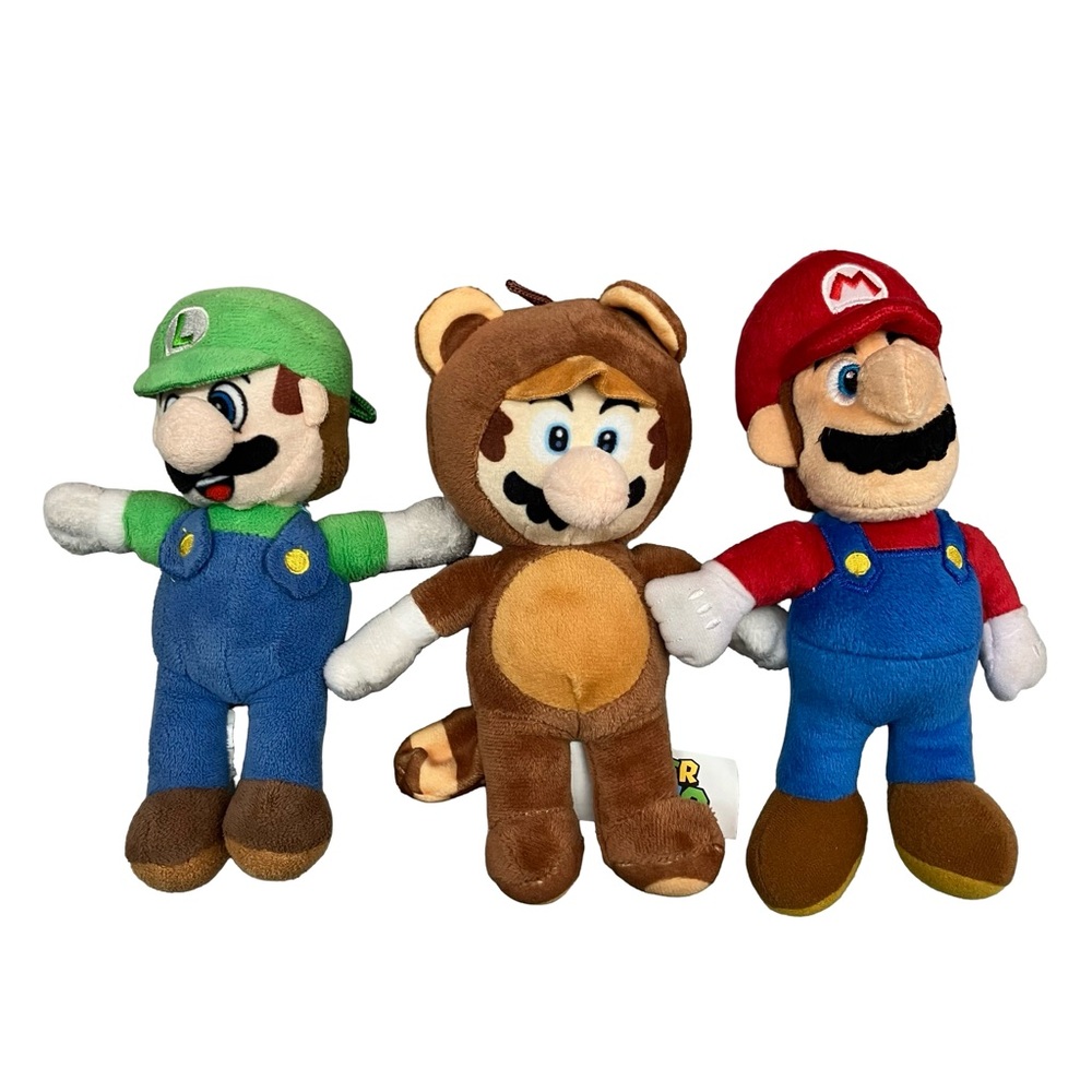 Super Mario Bros Mario Tanooki Suit Plush Raccoon & Luigi Stuffed Animals 7” Lot